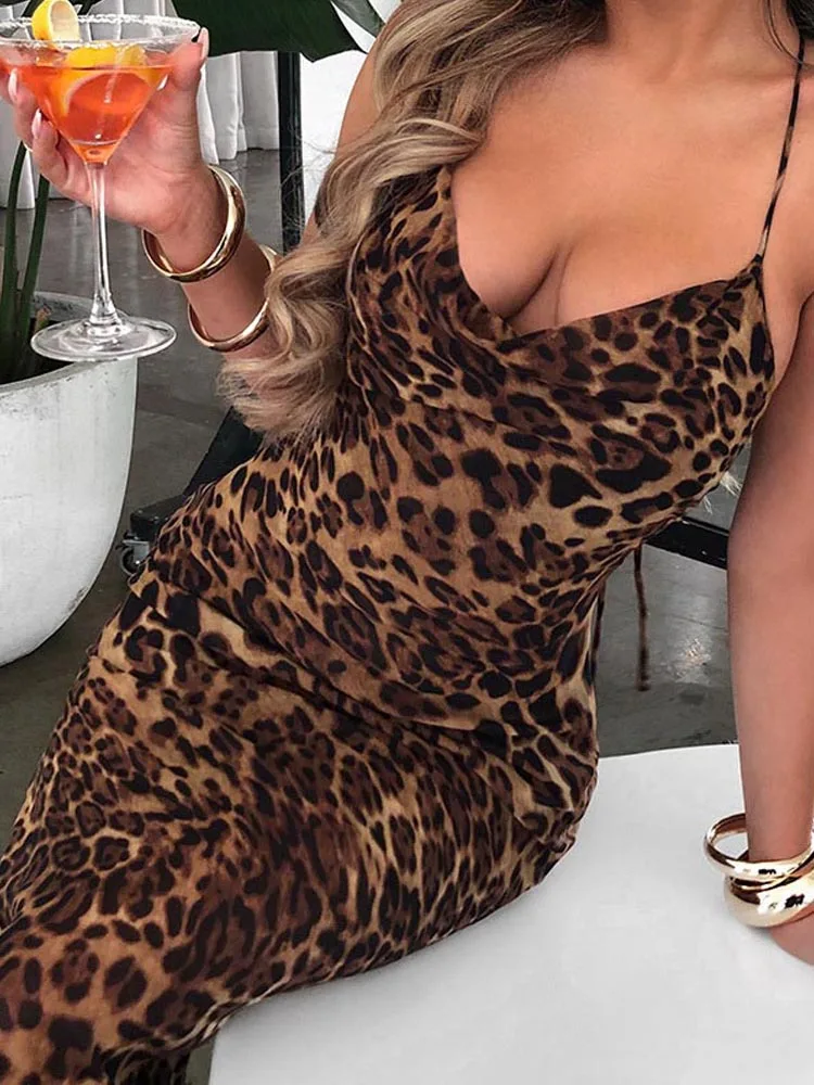 Abito lungo con canotta leopardata senza maniche, senza schienale, con lacci, sexy, attillato, per feste, club, autunno inverno