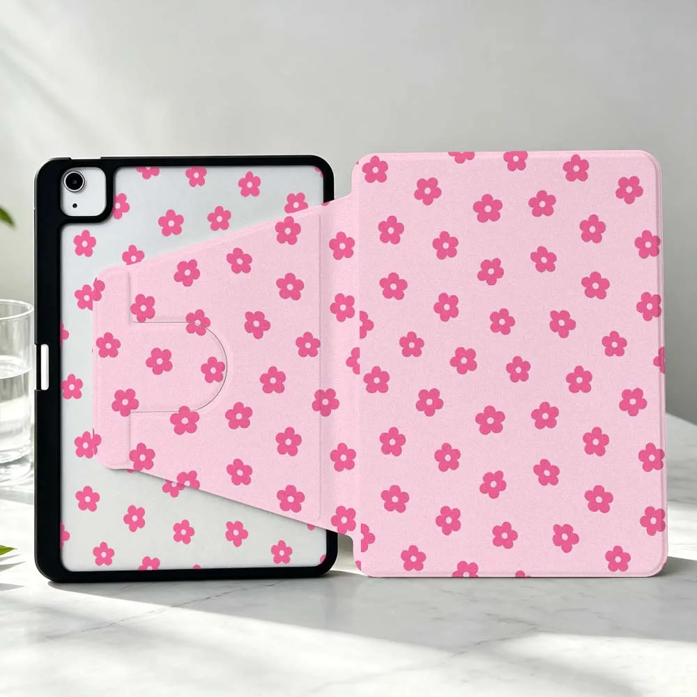 Cartoon Pink Flowers For iPad Pro Air mini 6 5 4 12th M5 M4 M3 M2 A16 A17Pro 360° Rotation Stylus Storage Tablet Case
