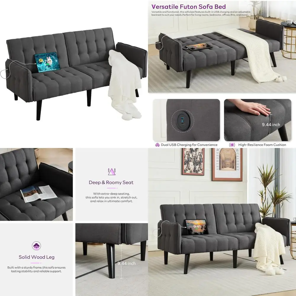 

65 Convertible Futon Sofa Bed with 2 USB Ports, Upholstered Tufted Small Adjustable Folding Couch Loveseat, Modern Mid-Century S