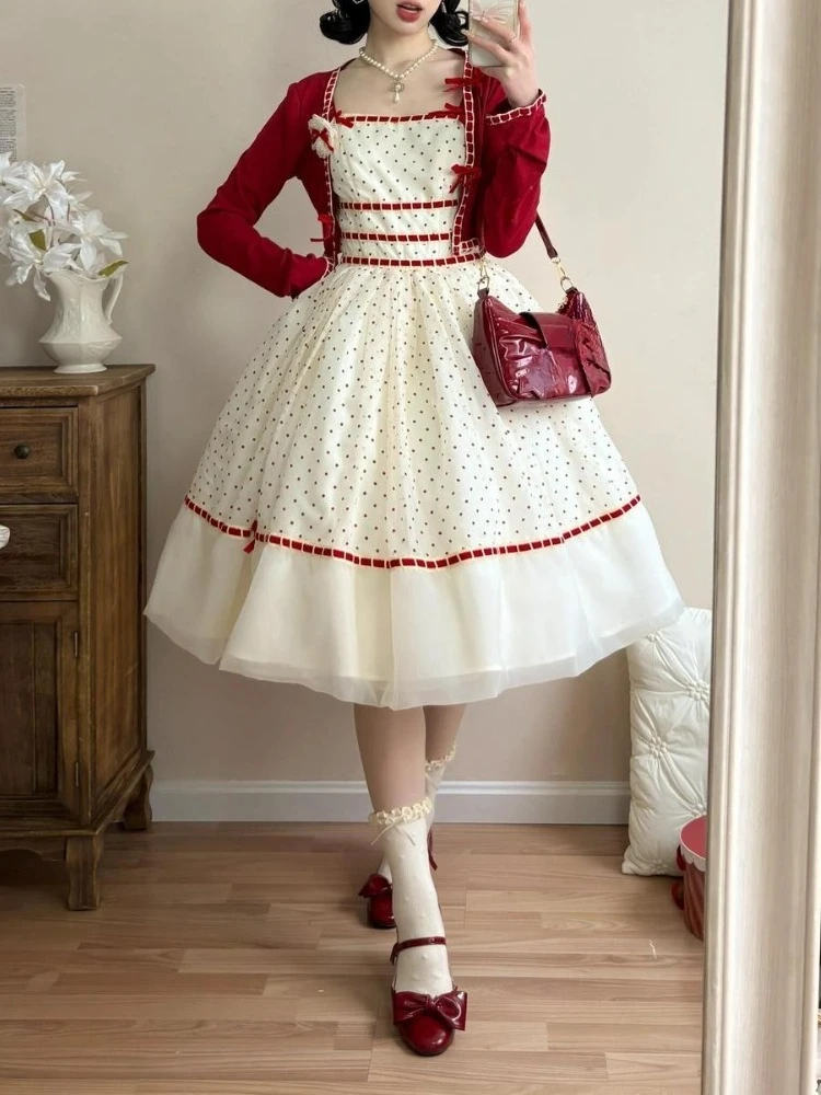 

Японский ретро сладкий фея комплект из 2 предметов женский красный тонкий + пышное платье в горошек новый дизайн модный шикарный винтажный костюм в стиле Харадзюку
