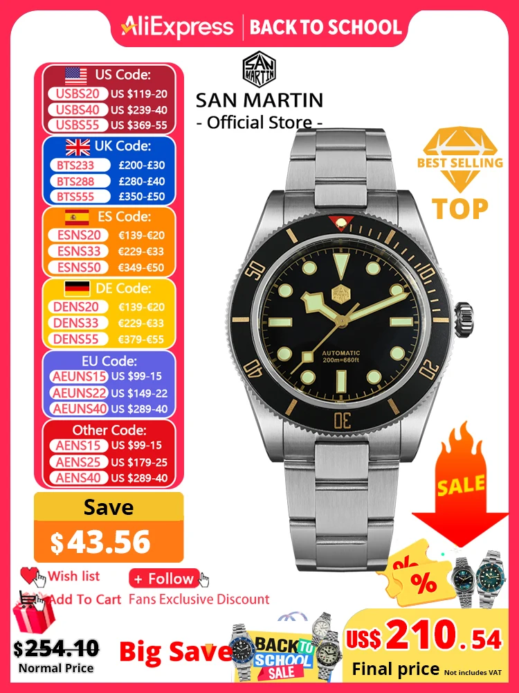 San Martin New 40mm BB58 Retro Luxury Diver Watch NH35 Automatic Mechanical Watches For Men Sapphire Luminous 20Bar Reloj SN0008