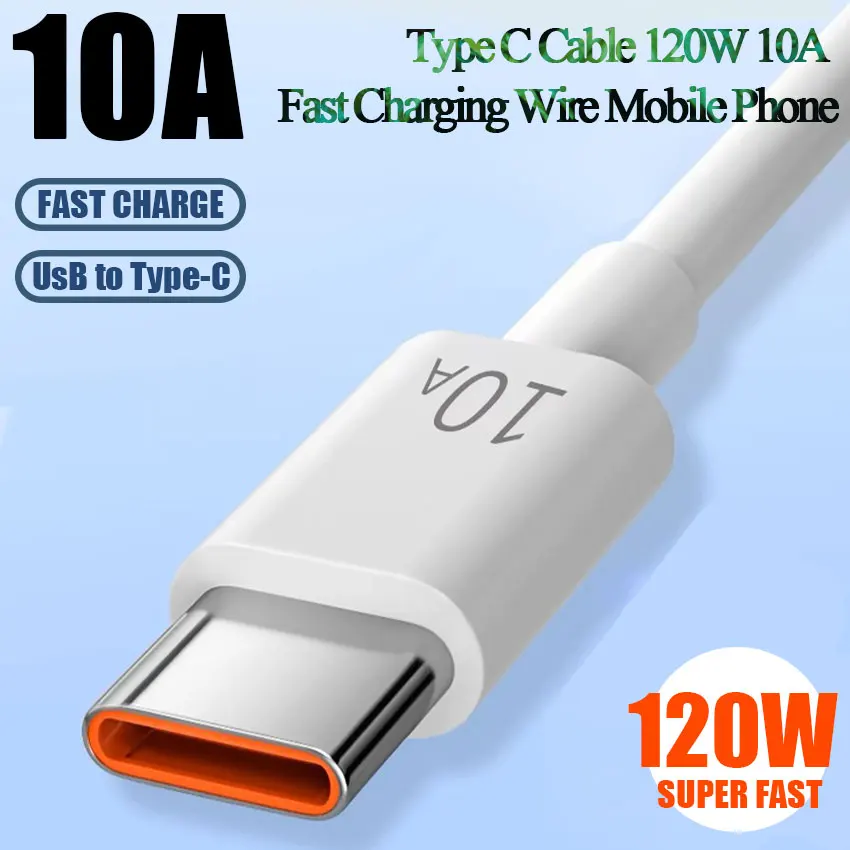 

120W 10A Type C Cable Type-C Quick Charging Cable for Samsung Xiaomi Huawei USB C Mobile Phone Data Cord Fast Charge Data Cable