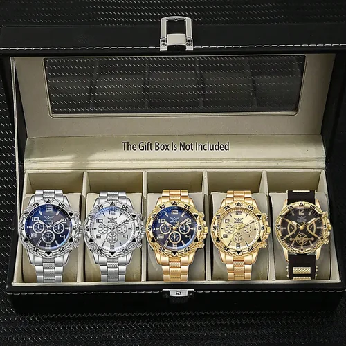 Juego de reloj de cuarzo de estilo empresarial a la moda con correa de acero inoxidable para hombre de 5 piezas, adecuado para decoración diaria y regalos navideños