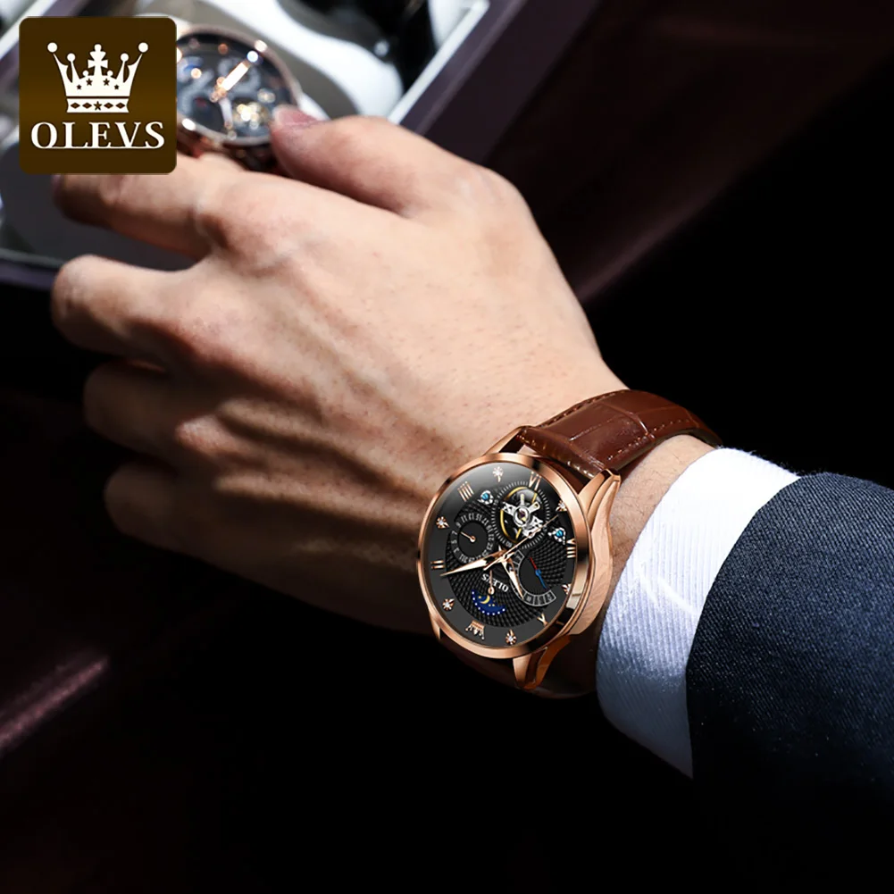 OLEVS Original Automatic Watches For Men Leather Strap Skeleton Watch Moon Phase Self Winding Mechanical Watch Waterproof 6652