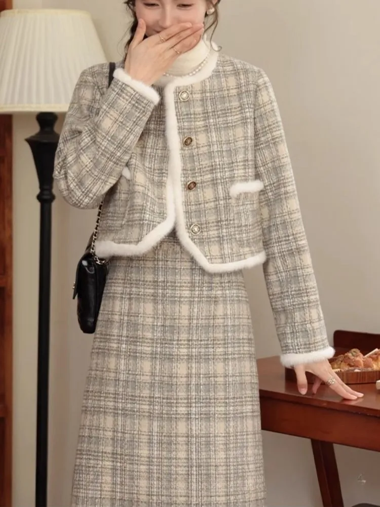 Women Elegant Two Pieces Skirt Set Autumn Winter O-neck Single Breasted Plaid Jacket+A-line Midi Skirt French Style Warm Suit