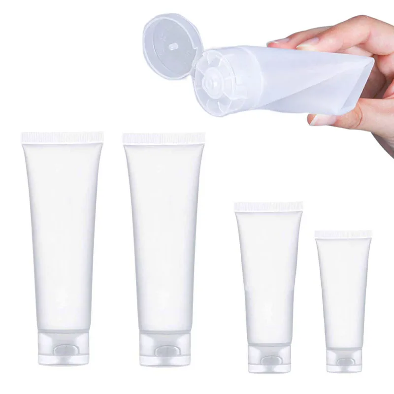 100Pcs Empty Translucent Plastic Cosmetic Lotion Soft Tubes Shampoo Facial Cleaner Bottles Makeup Sample Containers w/ Flip Lids