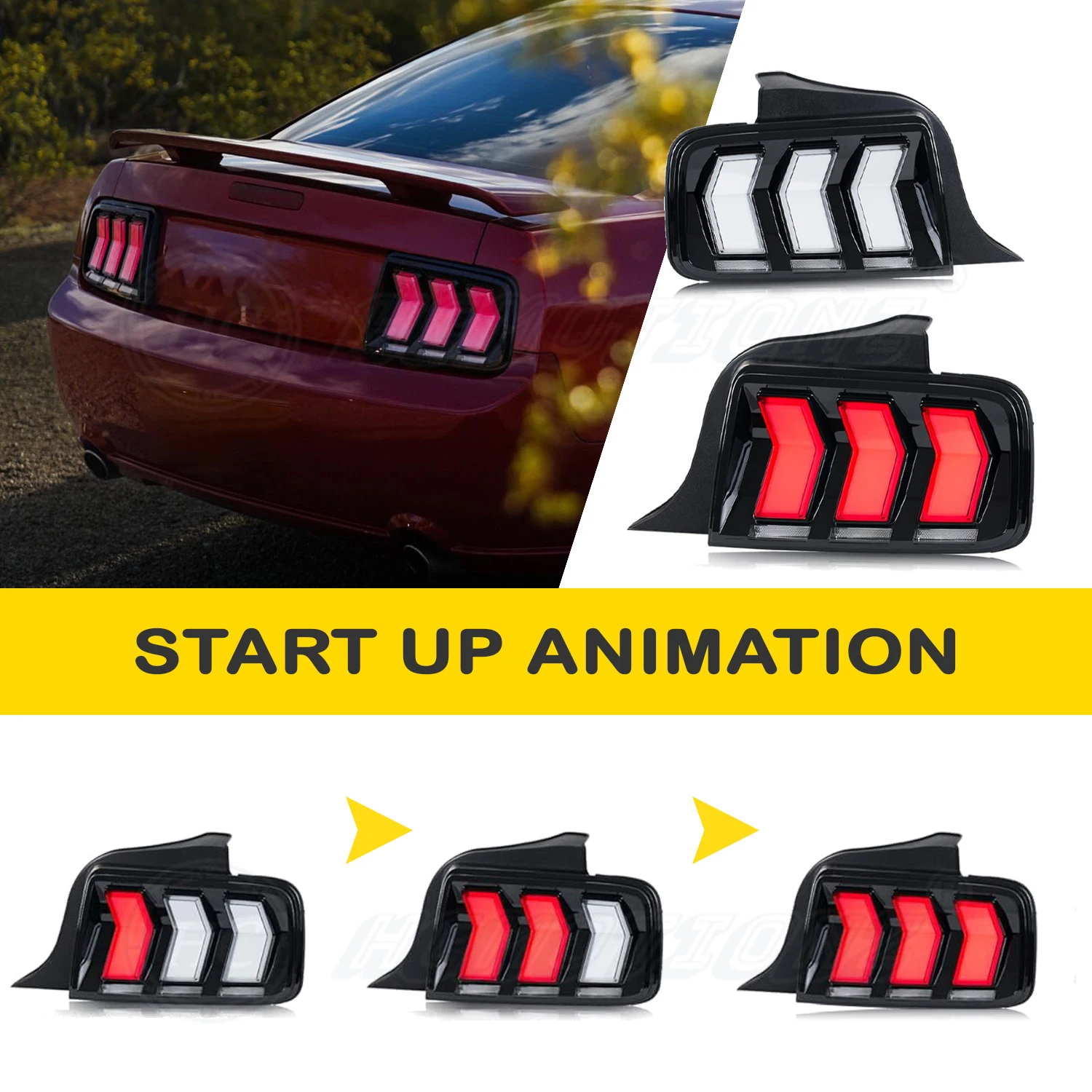 مجموعة المصابيح الخلفية للسيارة GT 2005-2009 الضوء الخلفي DRL الرسوم المتحركة 6 وضع من أضواء خلفية LED لإشارة الانعطاف لموستانج