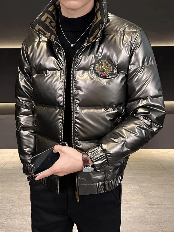 

Stand Collar Men's down Jaet Thiened Warm Trendy Winter Outerwear Polyester Fiber Long Sve Zipper Closure