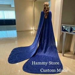 Royal Blue Evening Dress Saud Arabic Prom Dresses Customized 3/4 Sleeves Beading Wings Straight Party Gown Special Occasion