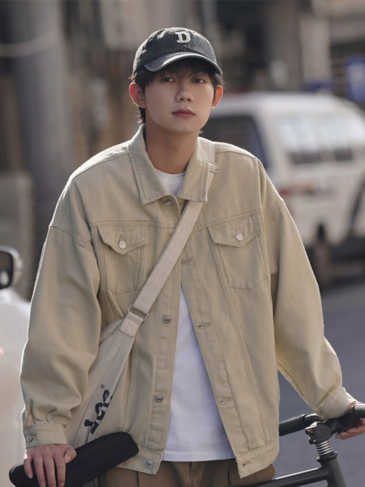 

Retro American Khaki Denim Jaet Men's Spring Autumn High Sensation Vintage Collar Workwear Jaet Trendy Loose Fit Multi Po...