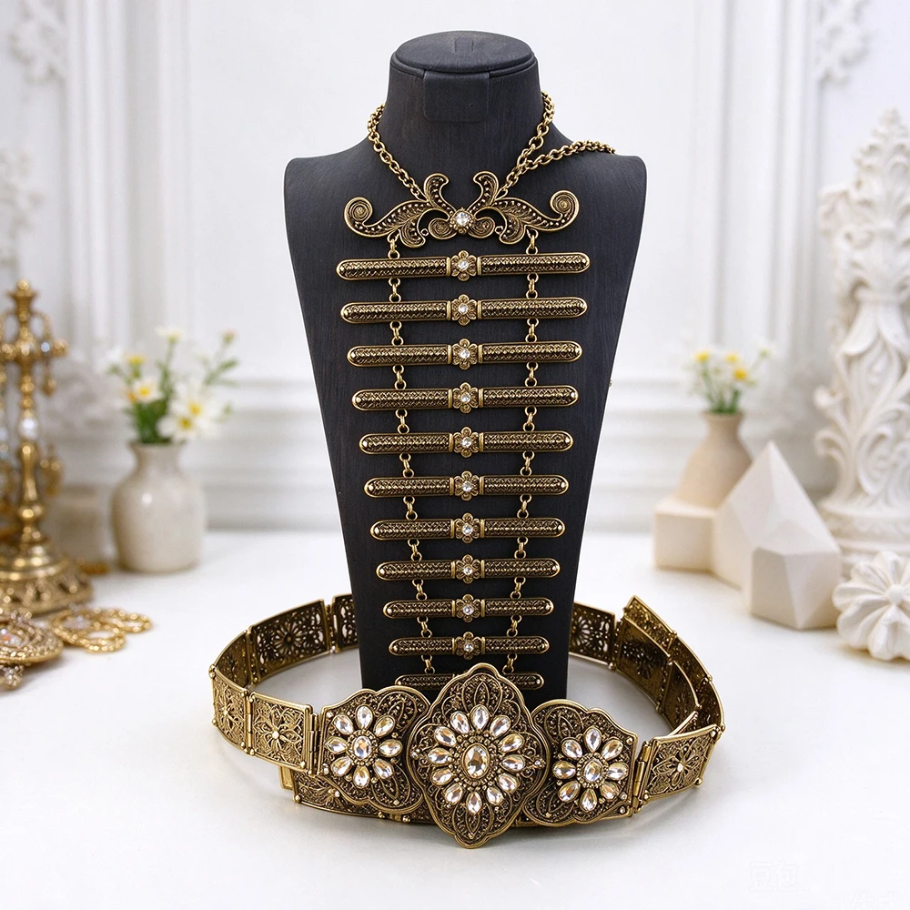 Habibi Vintage Caucasus Women Belt Breastplate Ingush Wedding Jewelry Set Metal Belt&Necklace Antique Silver Color Poyasa Bijoux