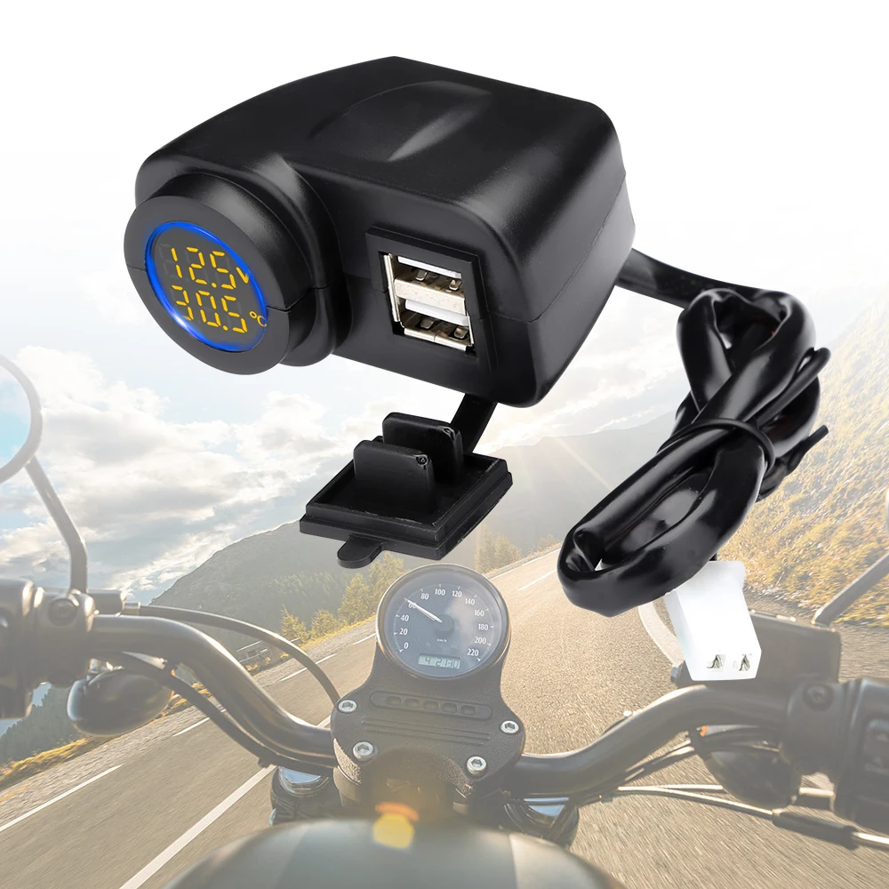 Anchtek Motorcycle QC3.0 Dual USB Mobile Phone Charger Voltmeter Thermometer Digital Display Mobile Phone Charger Socket Adapter