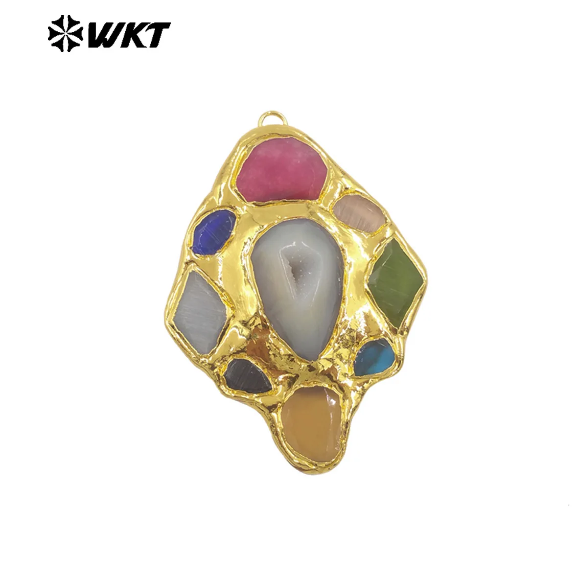 WT-P2009 Newest Design Gorgeous Multi Natural Gemstones Back Full 18K Gold Plated Charm Pendant For Women Jewelry Making