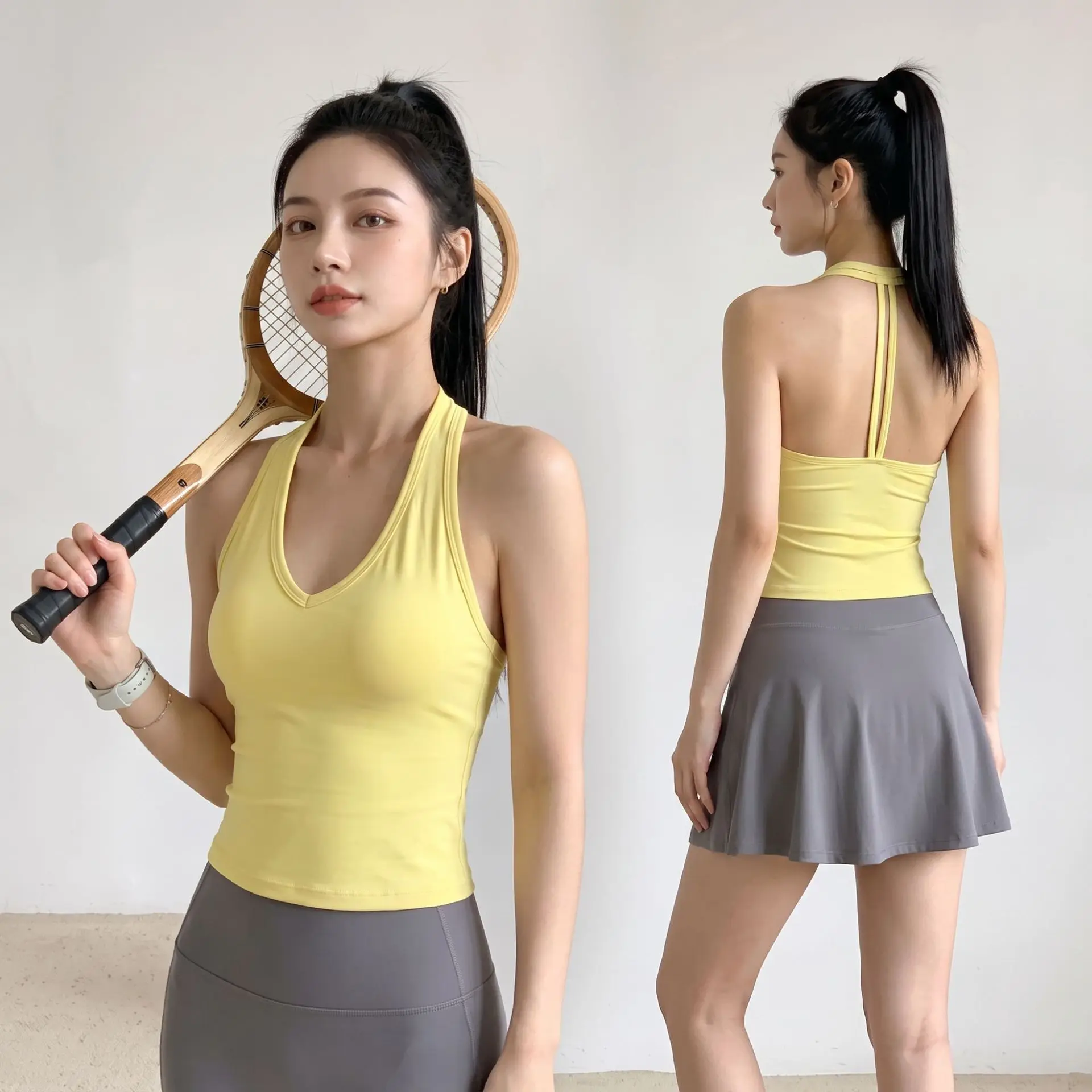 Women's Sexy V-Neck Fitness Bra Nude Sports Bra Hanging Neck Yoga Suit Vest Comfortable Breathable Gym Top for Active Wear