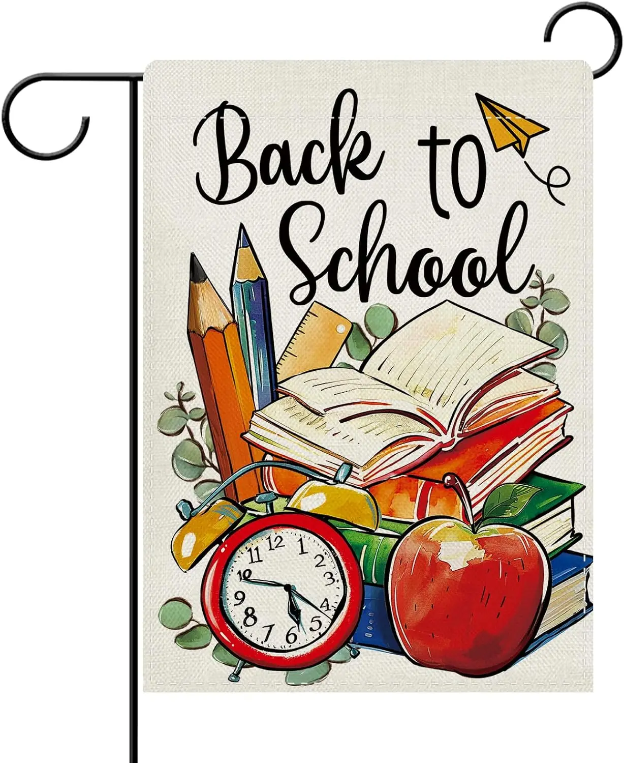 Dyrenson Back To School Book Decorative Garden Flag, First Day of School Apple Pencil Clock Classroom Yard Outside Home Deco kkz