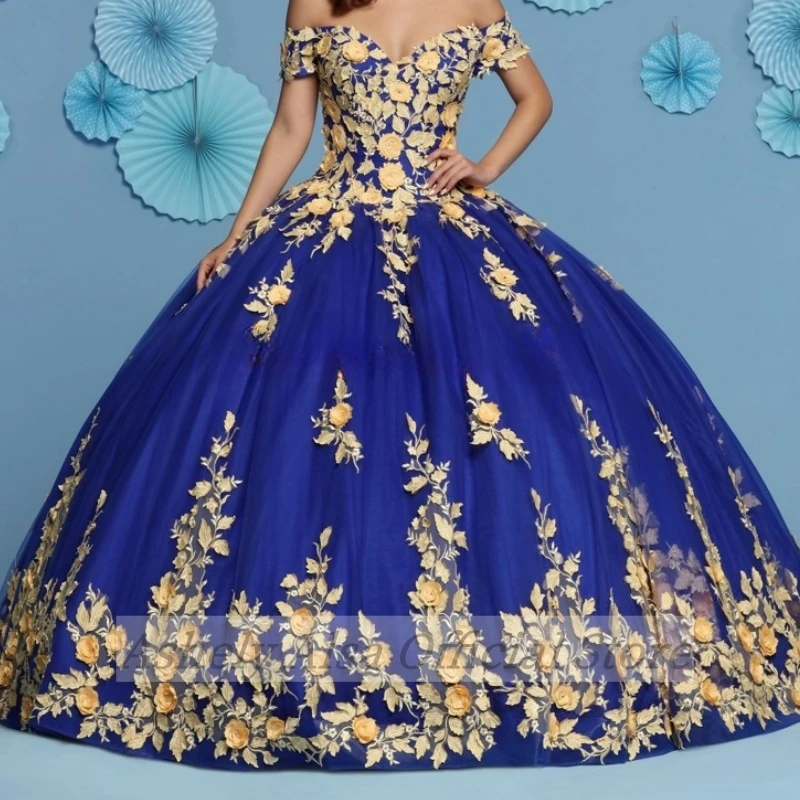 AQ135 Customized Royal Blue Quinceanera Dress Off Shoulder Floral Applique Floor Length Special Occasion 15 16 Party Prom Dress