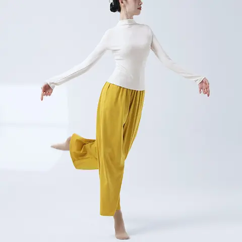 Yoga danse moderne t-shirt femmes vêtements demi-col haut manches longues t-shirts fille élastique Jersey tissus mince Stretch hauts