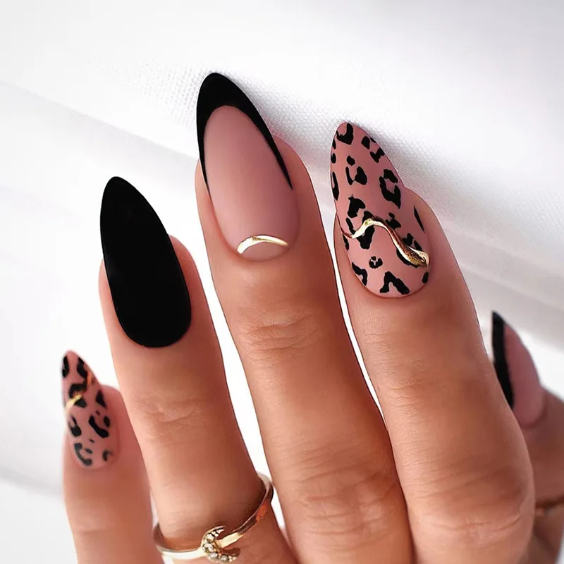 

3D fake nails Sweet cool solid leopard with metal lines designs DIY manicure supplies french almond tips press on false nails