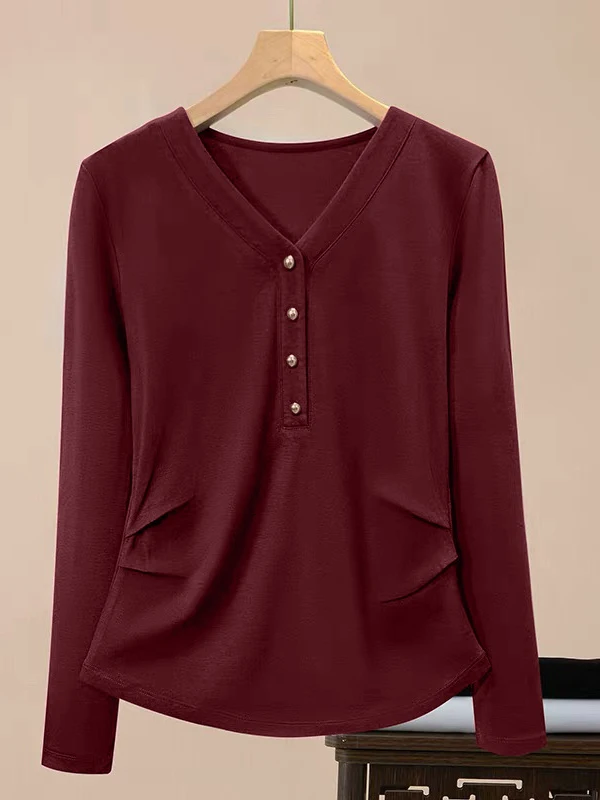 

plus Size V-Ne Long Sve T-irt Women's Faion Pleated Loose Slimming Base Layer Top Korean Sle Cotton Blend