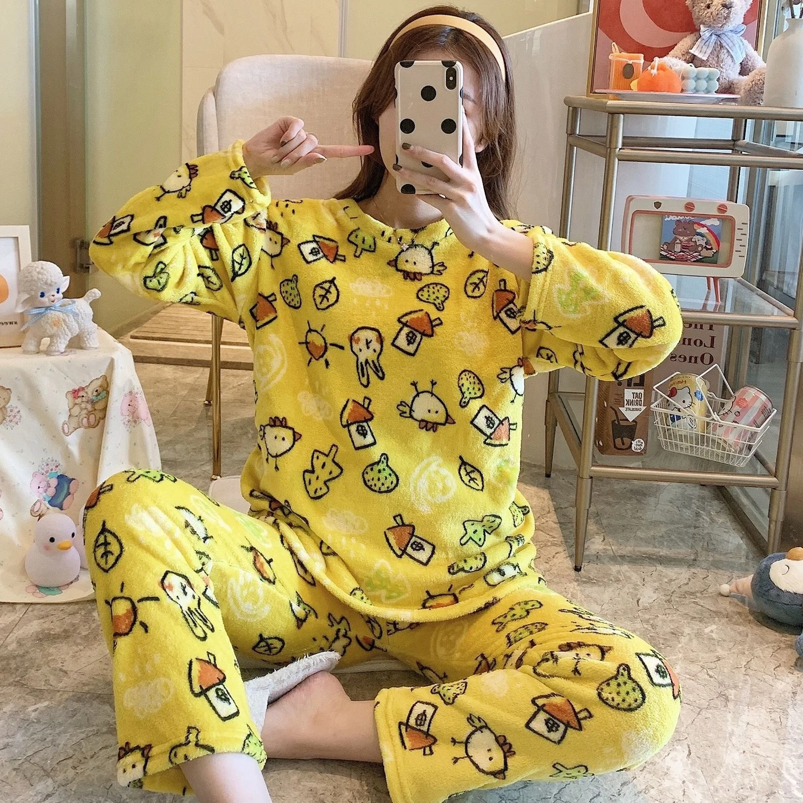 SP&CITY Winter Coral Velvet Pajamas Women\'s Cartoon Patterned Lovely Pajamas Set Thickened Warm Student Home Clothes Sleepwear