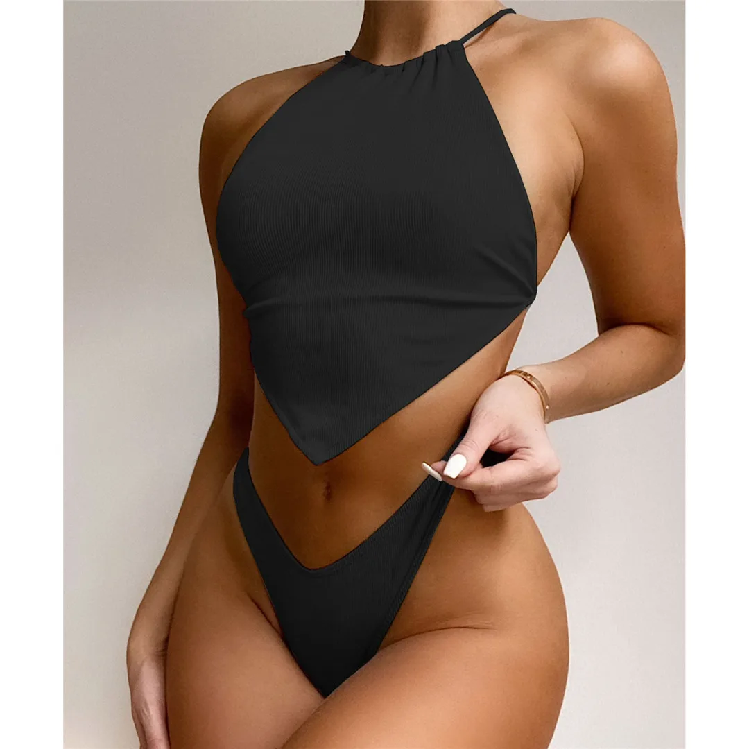 Hochgeschlossener Bikini mit überkreuztem Rücken und hohem Beinausschnitt, gerippt, Damen-Badeanzug, zweiteiliges Bikini-Set, Badebekleidung, Badeanzug, Modell V2878 – Detail 27