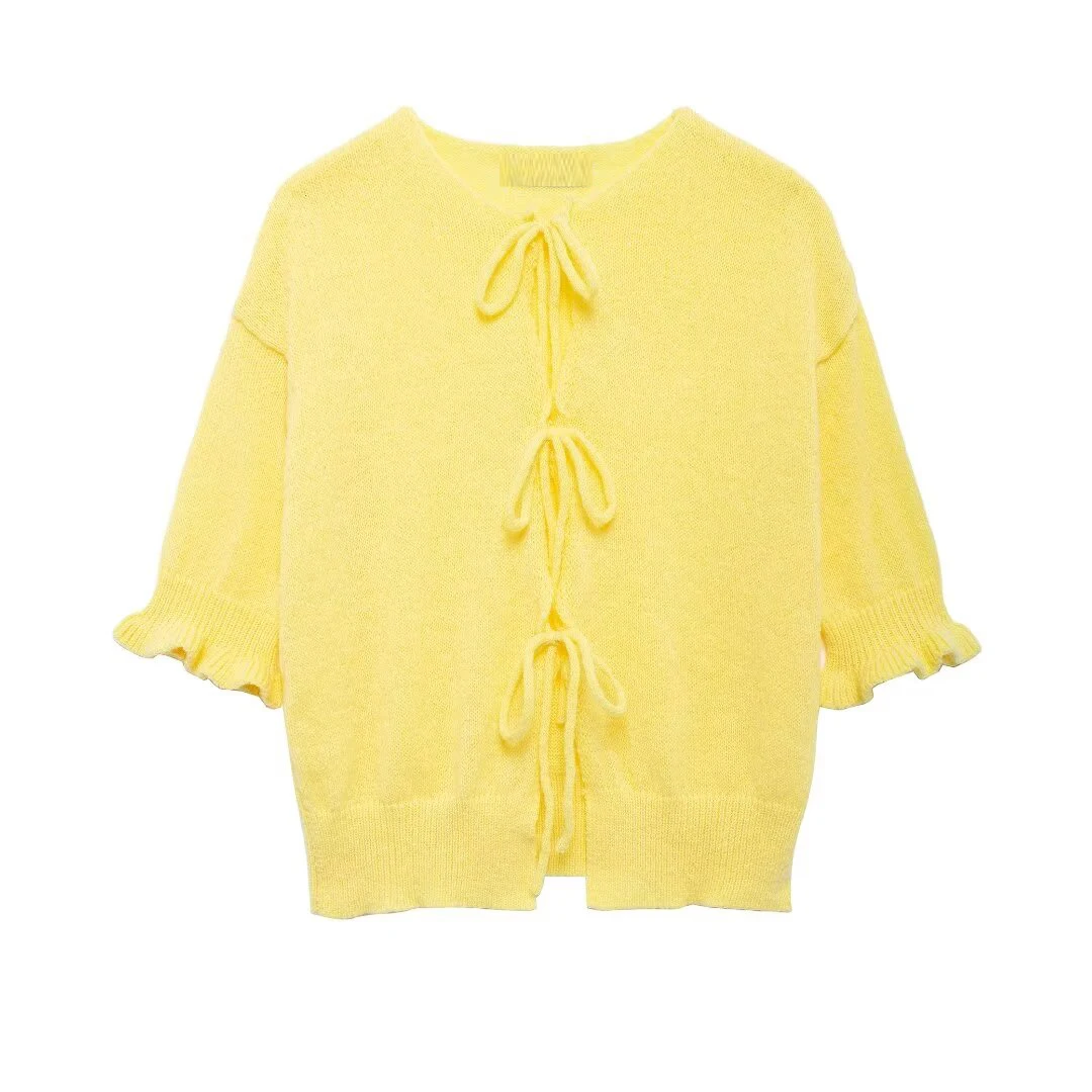 Tangada 2024 Fashion Women Yellow Bow Knitted Sweater Jumper Short Sleeve Cropped Cardigan BE0277