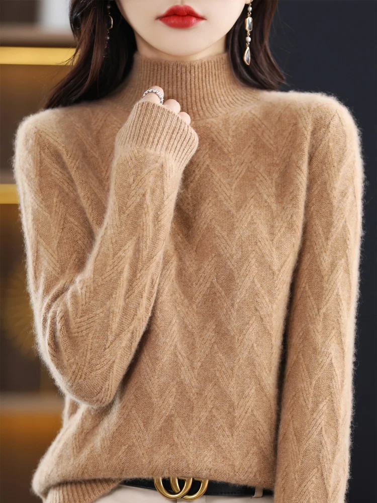 Women Winter Sweater Mock Neck Long Sleeve Thick Pullover 100% Merino Wool Twist Solid Cashmere Knitted Jumper Korean Fashion