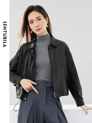 SENTUBILA Pu Leather Cropped Bomber Jacket Women Female Short Outerwear 2024 Spring Coffee Lapel Full-zip Solid Jackets W41G527