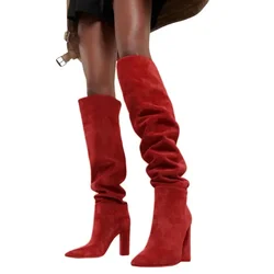 European and American Fashion, High Heels, Knee High Walking Boots, Ladies' British Style Versatile Suede Knight Boots