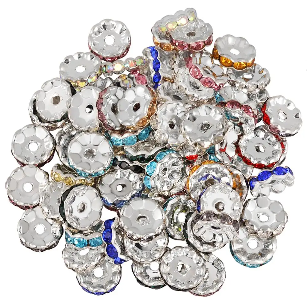 TUMBEELLUWA 10Pcs/Lot 12mm Rhinestone Rondelles Crystal Beads Silver-color Loose Spacer Beads for DIY Jewelry Making Accessories