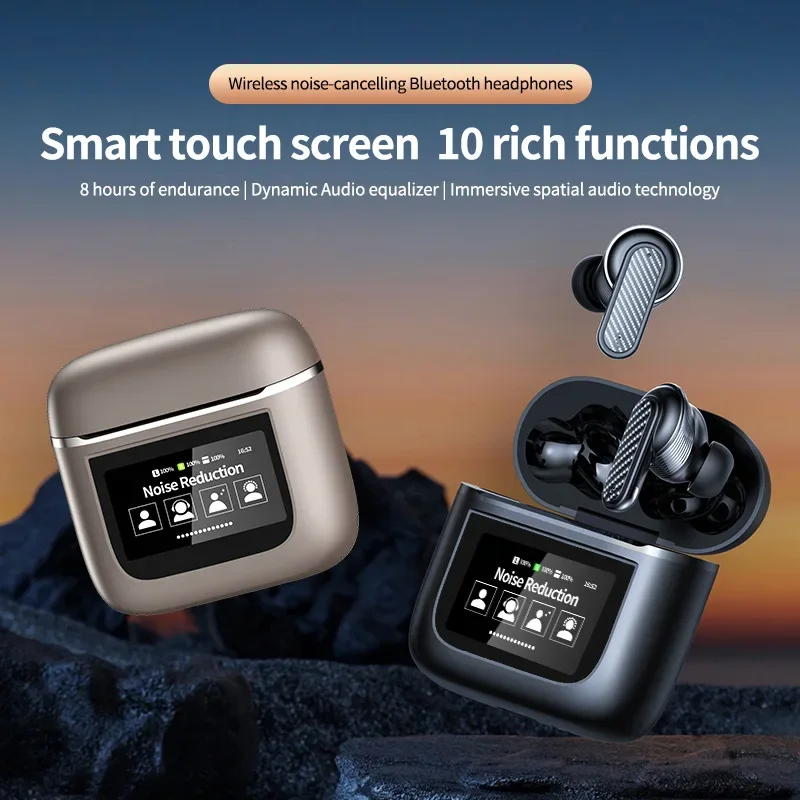 Bluetooth Earphone Full Color Touch LCD Display Wireless Earbud Noise Reduction ANC Intelligent Anti-loss Positioning Headphones