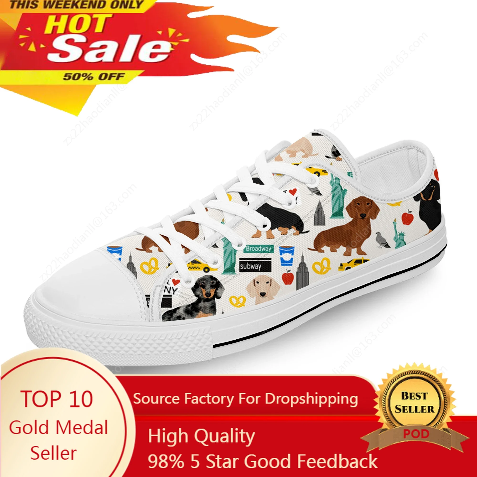 Dachshund Pug Teckel Cartoon Dog White Cloth Fashion 3D Print Low Top Canvas Shoes Men Women Lightweight Breathable Sneakers