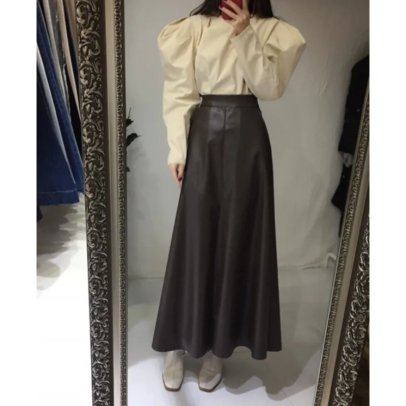 Jupe en cuir Pu noir pour femmes, avec poches, grand ourlet, taille haute, Maxi, longue, ligne a, bureau, Streetwear, automne hiver