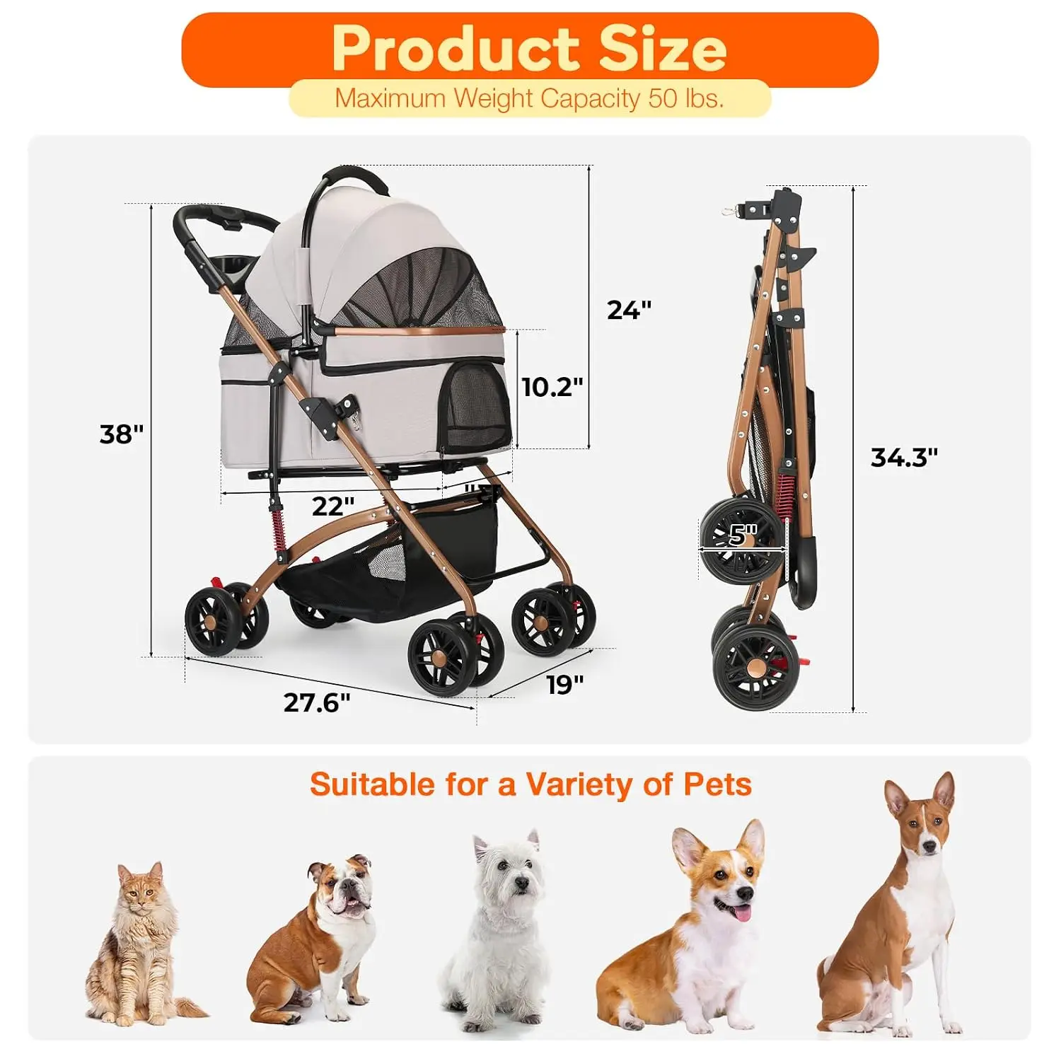 3-in-1 Pet Stroller for Small Dogs & Cats, Foldable Design with Detachable Carrier, Car-Safe Car Seat and Large Storage Basket, Grey