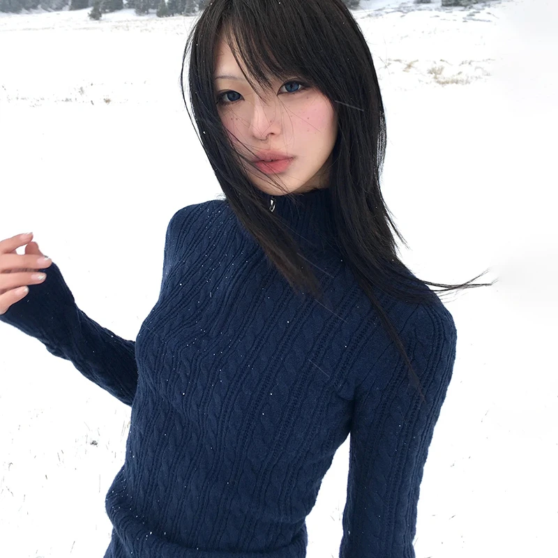 Karrram Japanese Y2k Slim Pullover Vintage Harajuku Navy Blue Sweater 2000s Style Knitted Tops Korean Fashion Knitwear Elegant