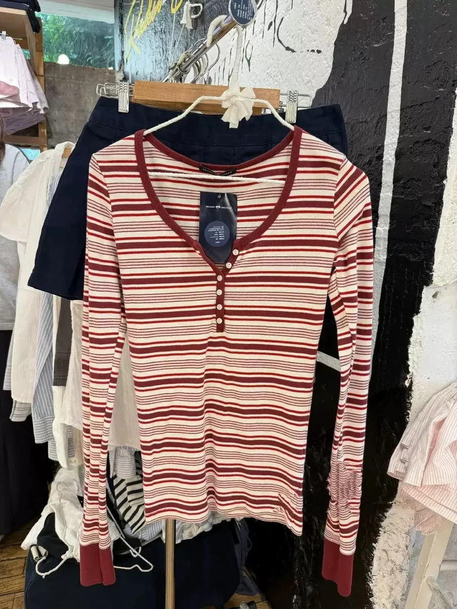 Women's Long Sleeve T Shirts Striped Cotton O Neck Casual Tops - Burgundy stripes