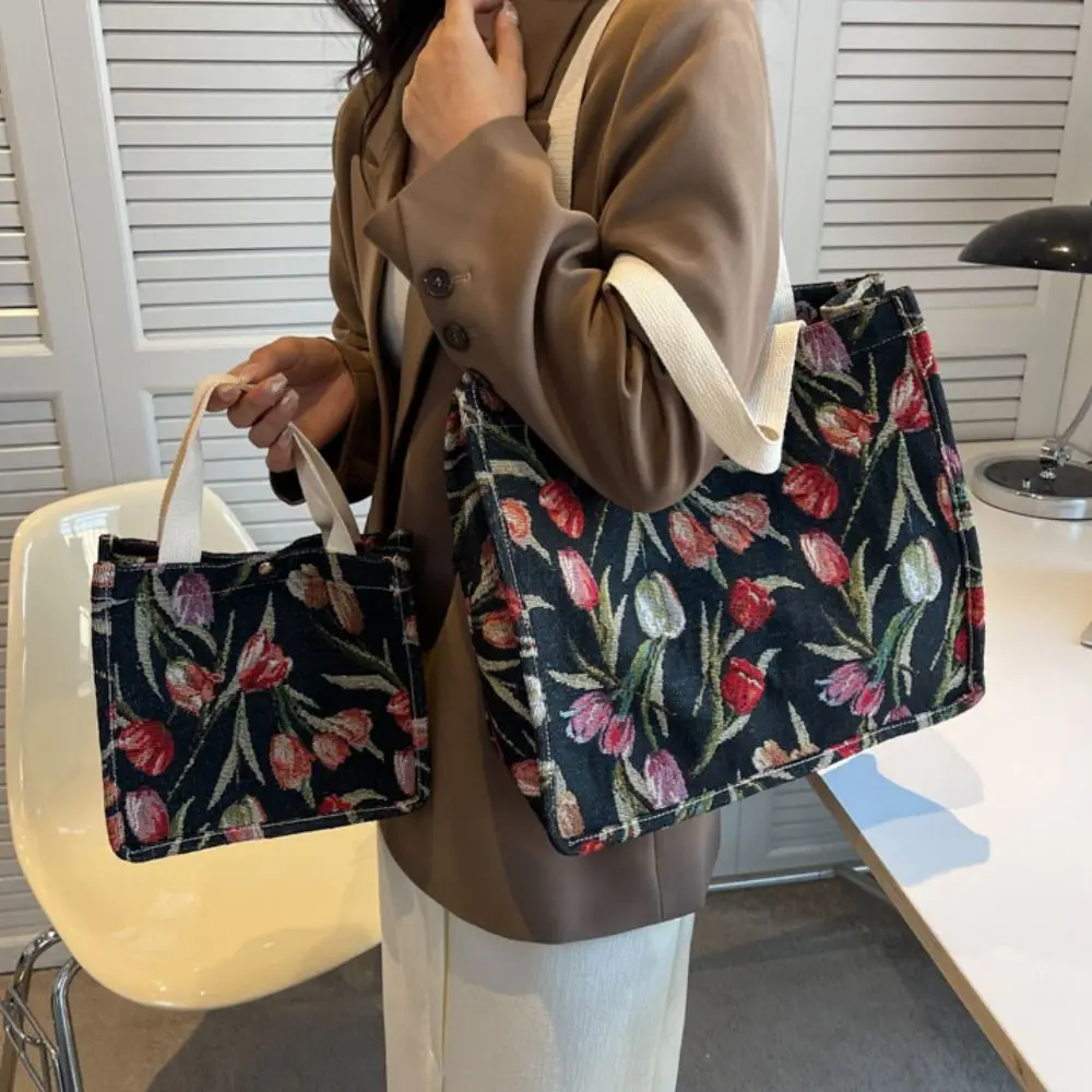 Simple Commute Tulip Tote Bag Canvas Large Capacity Flower Shoulder Bag Sweet Fashion Floral Handbag Unisex