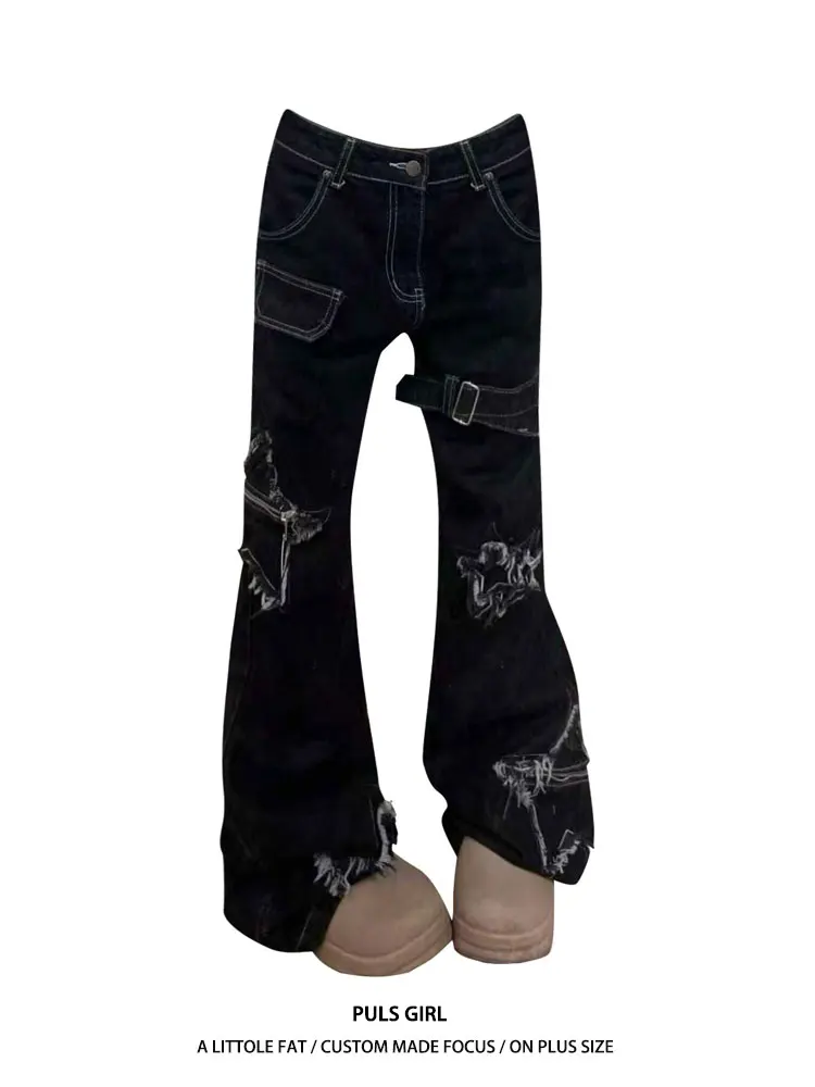 

Retro American Large Size Women's Jeans High Waist Slim Fit Bell Bottoms Embroidered Washed down Casual Long Pants