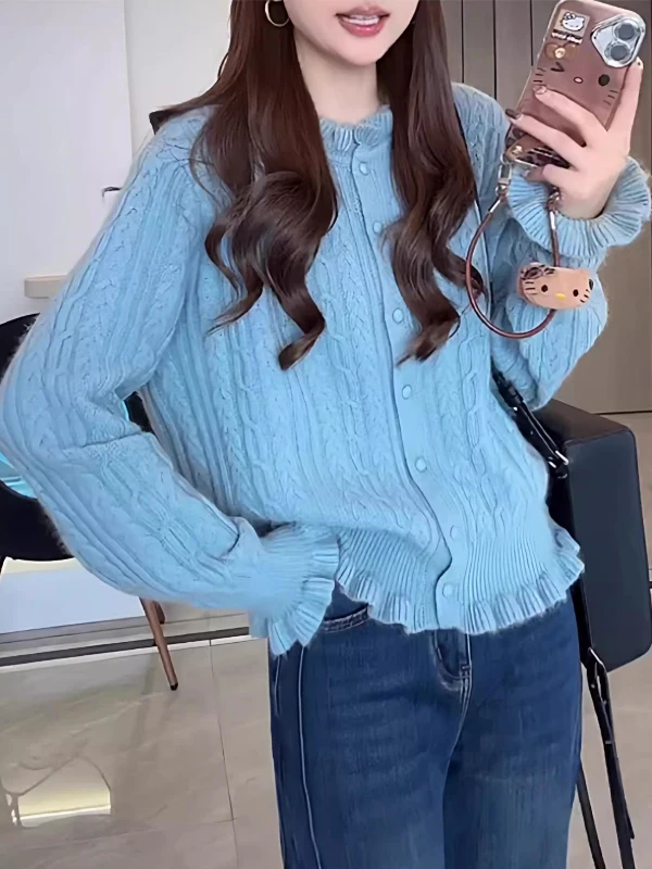 

Lu удобный вязаный открытый кардиган женский больших размеров свободный антивозрастной топ для похудения с деревянными ушками осень-зима большой размер