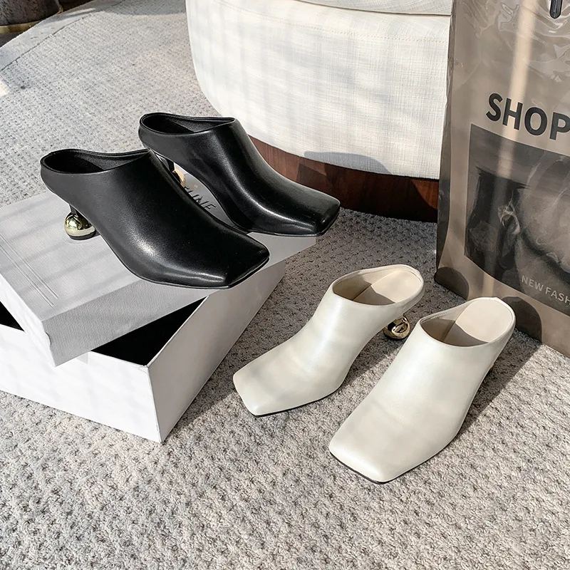 

42 Large Size High-heeled Sandal New Women Slippers Summer Interior Exterior Square Toe Metal Thin Heel Toe Wrapped Muller Shoe
