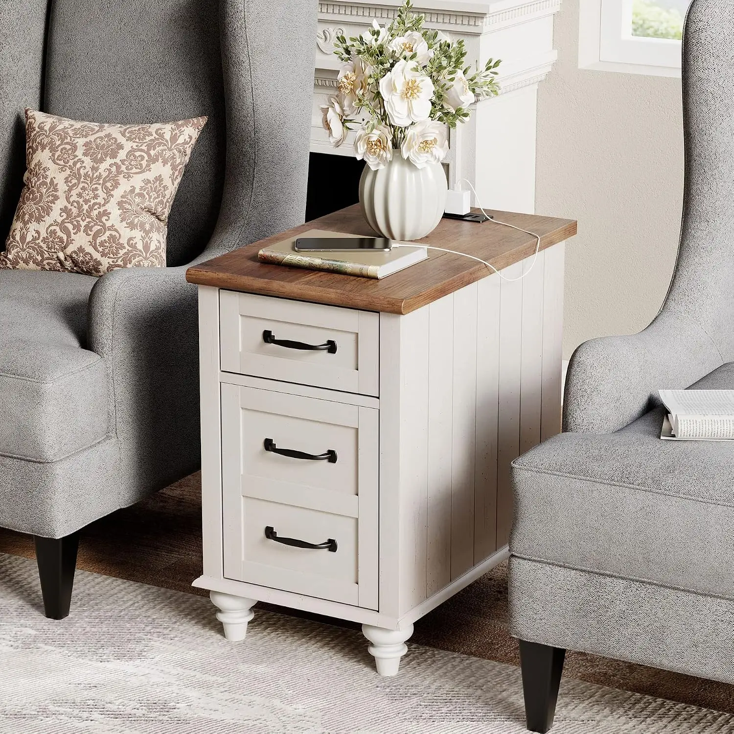 White Wood End Table With Charging Station Drawer Storage Cabinet Power Outlets USB Ports For Living Room Bedroom, Customized