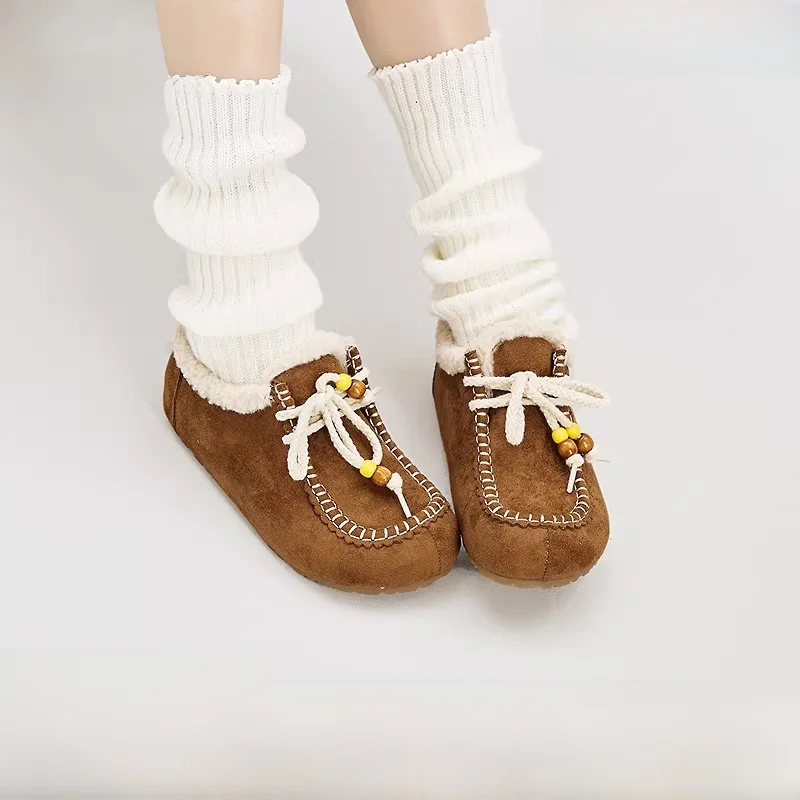 

Thiened Winter Fluffy oes round Head Women's Faion Single oes Beaded Plu ket Mouse Flat Bot Casual oes