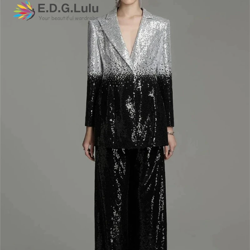EDGLuLu 2025 Nieuwe vrouwen Zwart-wit Pailletten Jasje + Hoge Taille Rechte Broek Tweedelige Set Mode Dames 0817