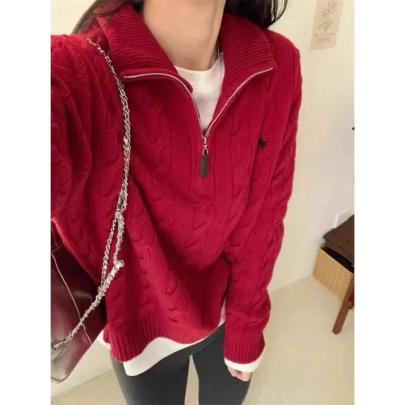 Herbst Neue Y2k Vintage Halb Zipper Strickwaren Amerikanische Subkultur Einfarbig Lose Pullover frauen Mode Gestickte Tops