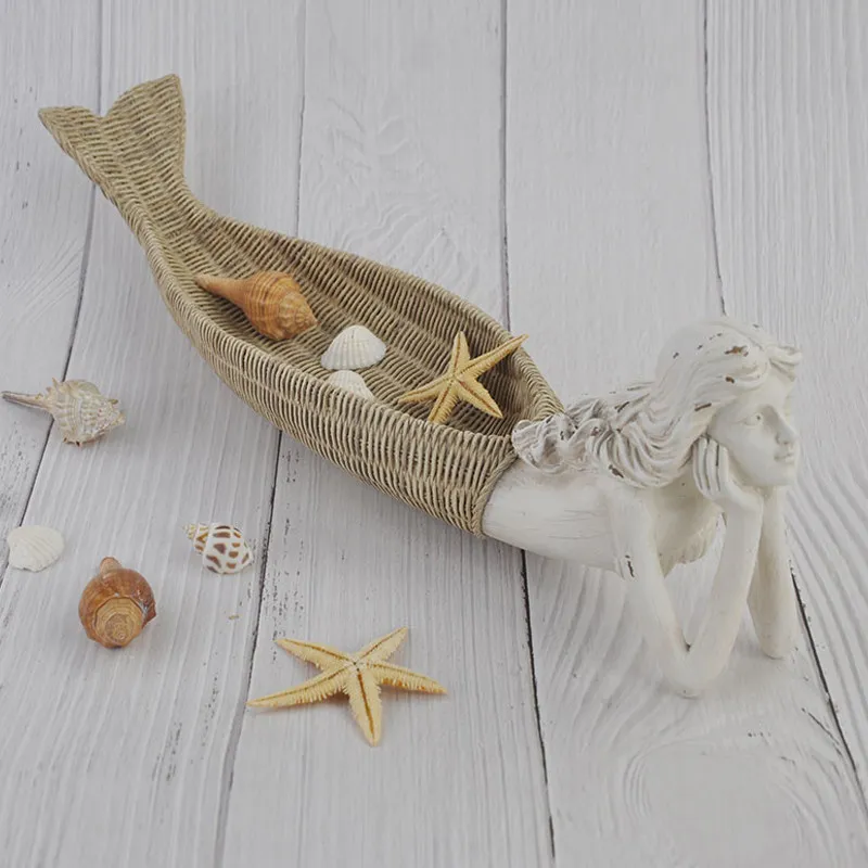 Mermaid Desktop Sculpture Home Crafts Decoration American Retro Resin Ornaments Key Jewelry Storage Tray