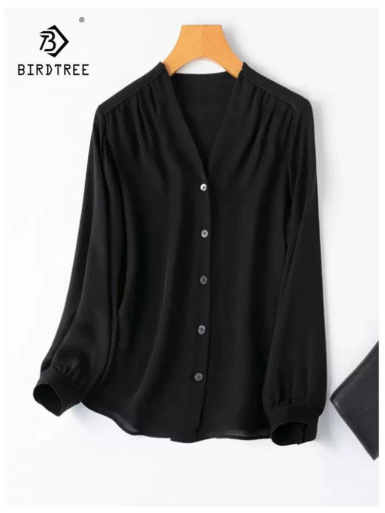 

New Spring Real Silk Shirt Women V Neck Versatile Tops Girl Lantern Sleeve Commute Simplicity Basic Blouses 2024 Autumn T42024QC