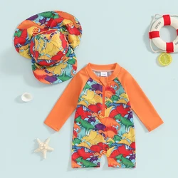 0-3T Toddler Boys Rash Guard Swimsuit Rompers Long Sleeve Turtle/Dinosaur Print Baby Bathing Suit Swimwear with Swim Cap