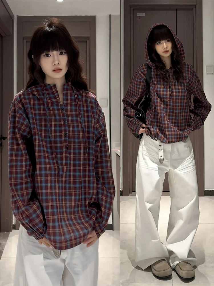 

Ретро-куртка в американском стиле в клетку для мужчин, весенняя, повседневная, с длинными рукавами, свободного кроя, для пар, с капюшоном