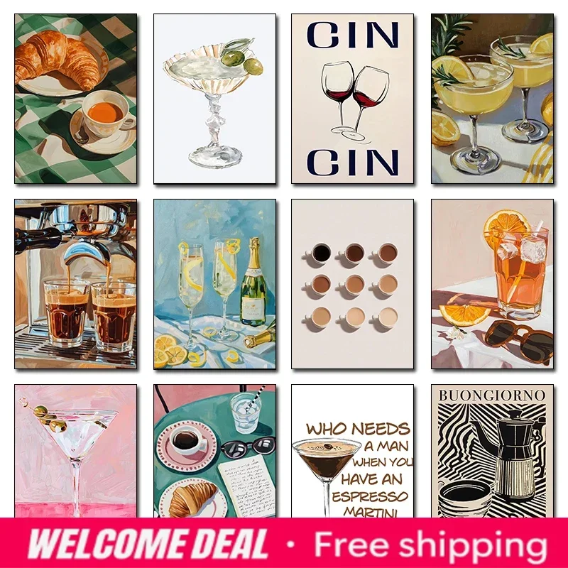 2026  Cocktail Coffee and Croissant Espresso Cin Cin Wine Canvas Painting Print Kitchen Wall Art for Living Room Home Bar Dec