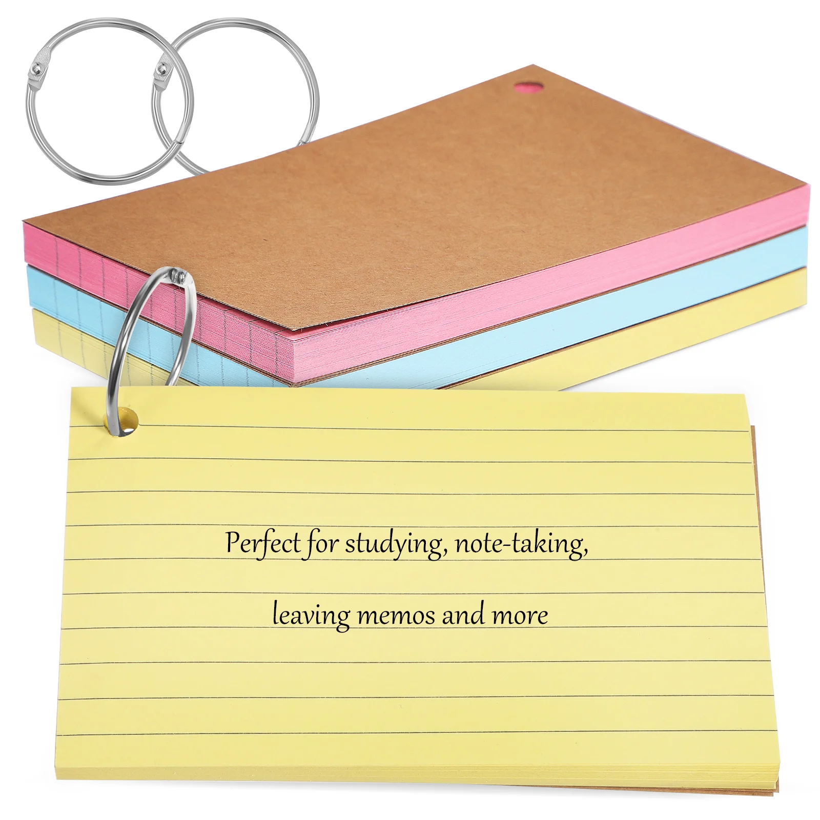 

150Pcs Ruled Index Cards Flashcards 50Pink 50Yellow 50Blue Metal Rings DoubleSided Study Memory Vocabulary Pads
